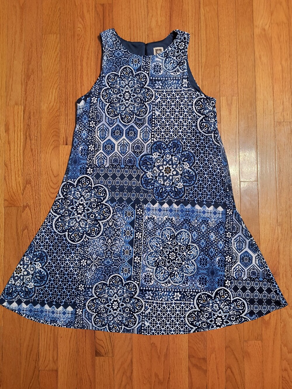 Anne Klein sleeveless dress, women's 10, blue geometric